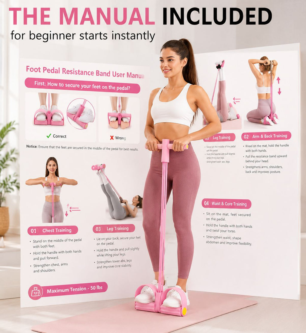 Ahora para esta
Manual de instrucciones incluido para bandas de resistencia con pedal y asas, con ejercicios para brazos, piernas, pecho y abdomen.